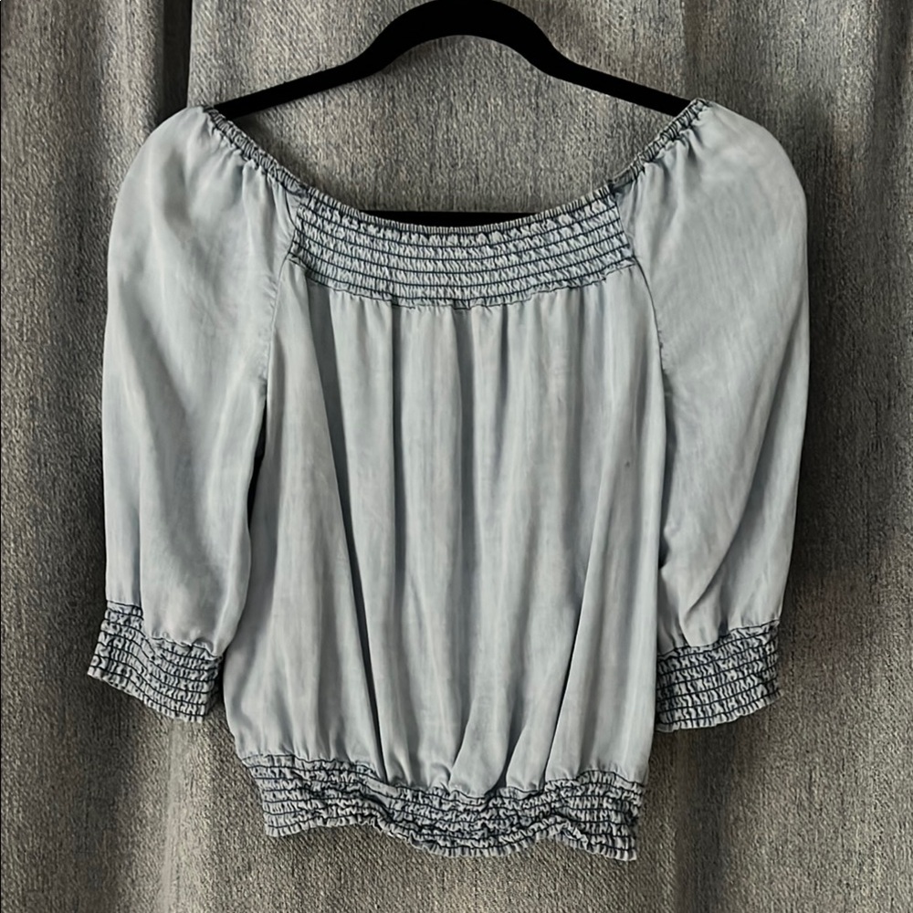 Chic Faded Blue Denim Women's Smocked Top